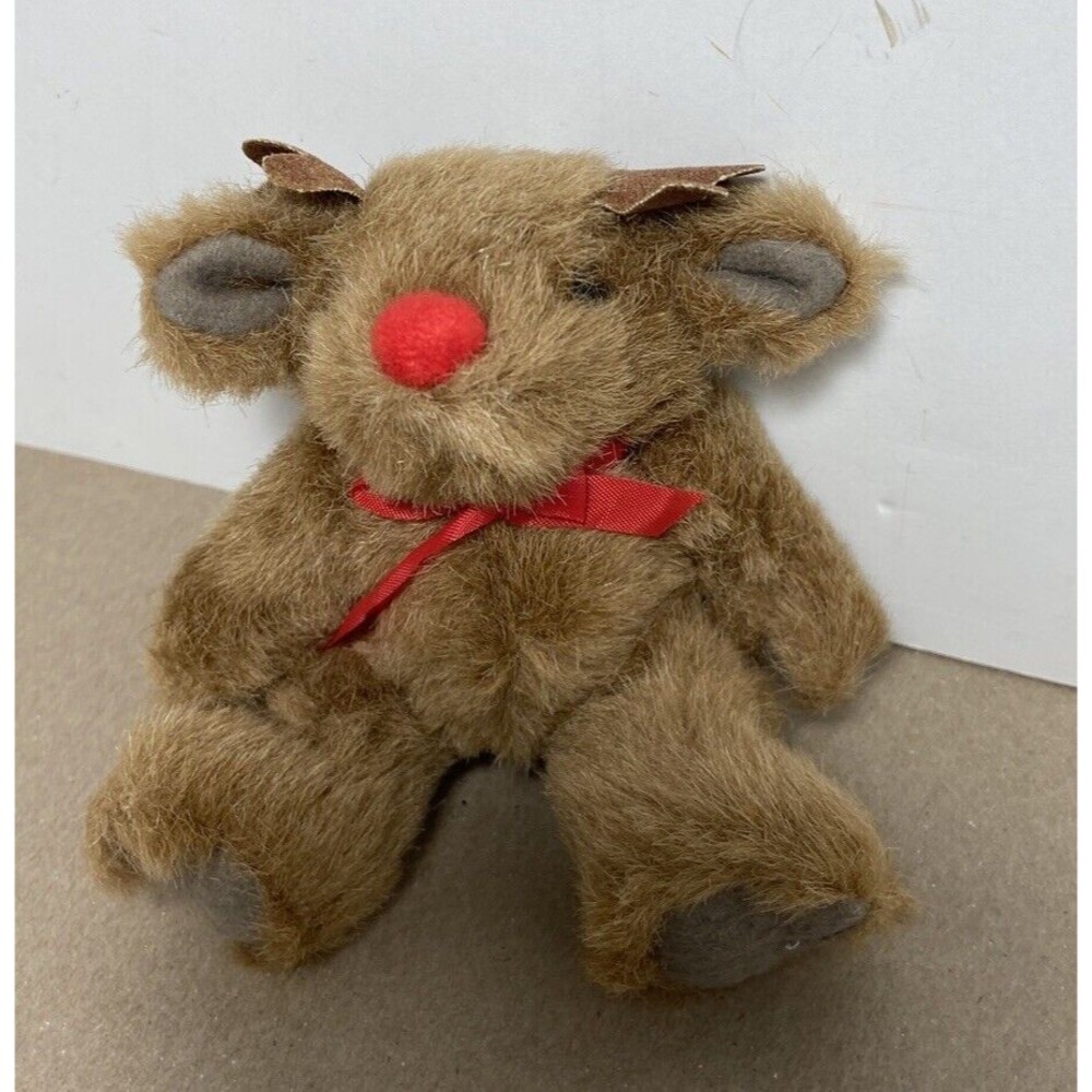 Vintage Plush Decorator Articulate Brown Rudolph Reindeer with Red Nose 5 in